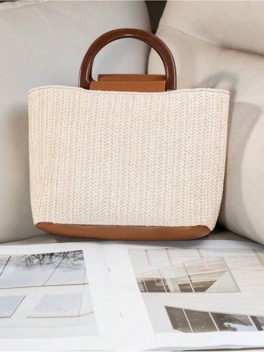 Cream & Tan Woven Tote Bag with Brown Handles
